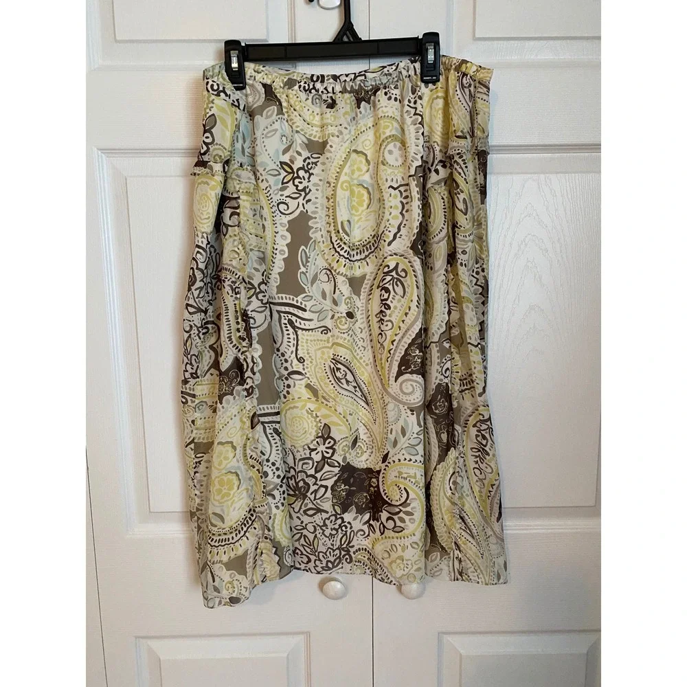 Ellen Tracy Silk Paisley Midi Skirt Brown Tan Green Ruffle Front Size 20 Plus